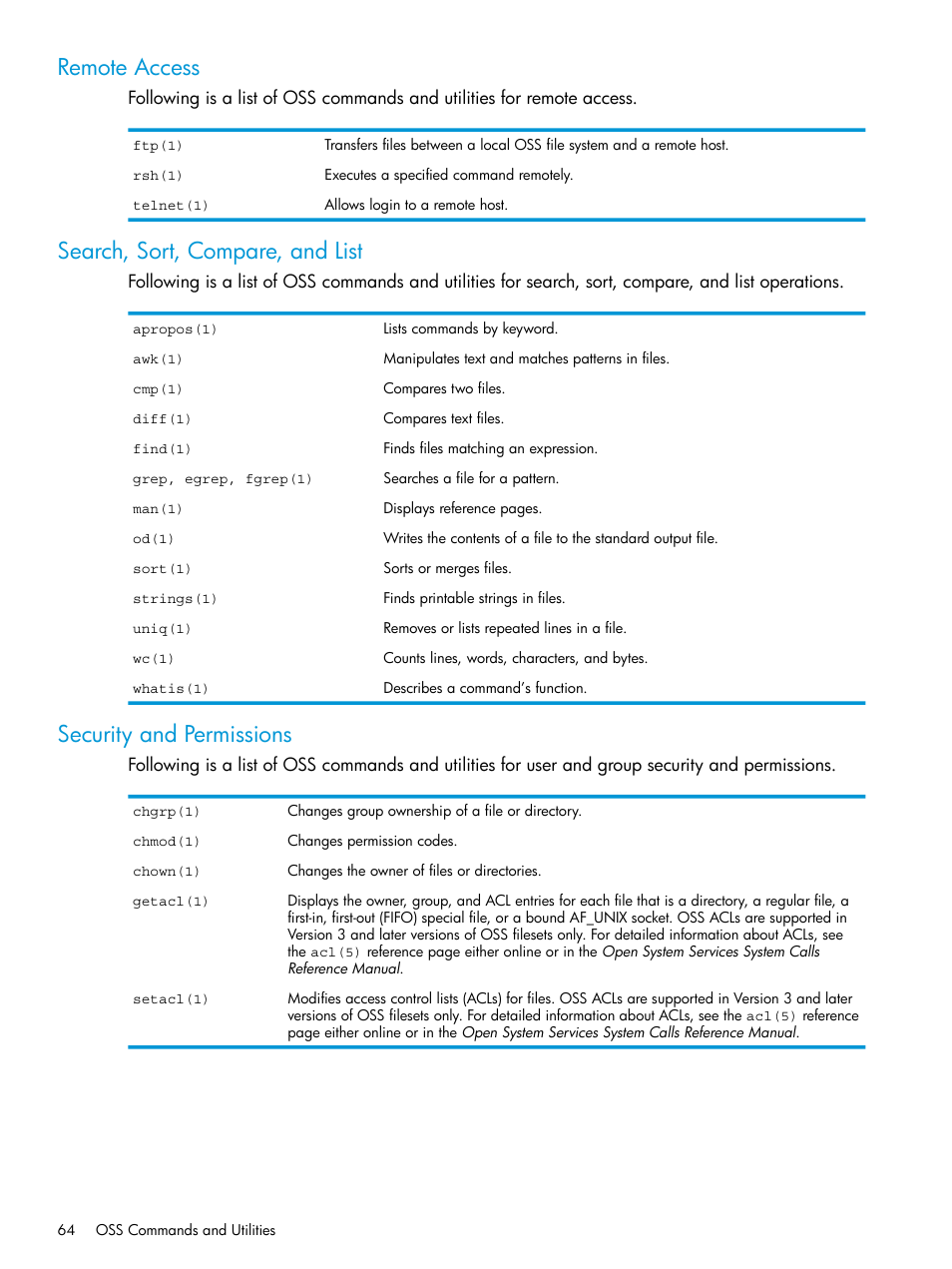 Remote access, Search, sort, compare, and list, Security and permissions | Security and | HP NonStop G-Series User Manual | Page 64 / 213