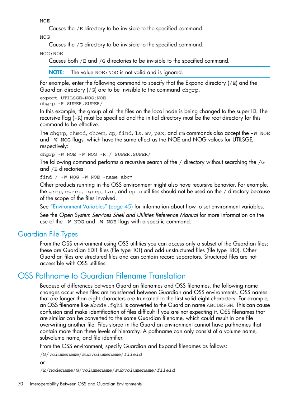 Guardian file types, Oss pathname to guardian filename translation | HP NonStop G-Series User Manual | Page 70 / 213