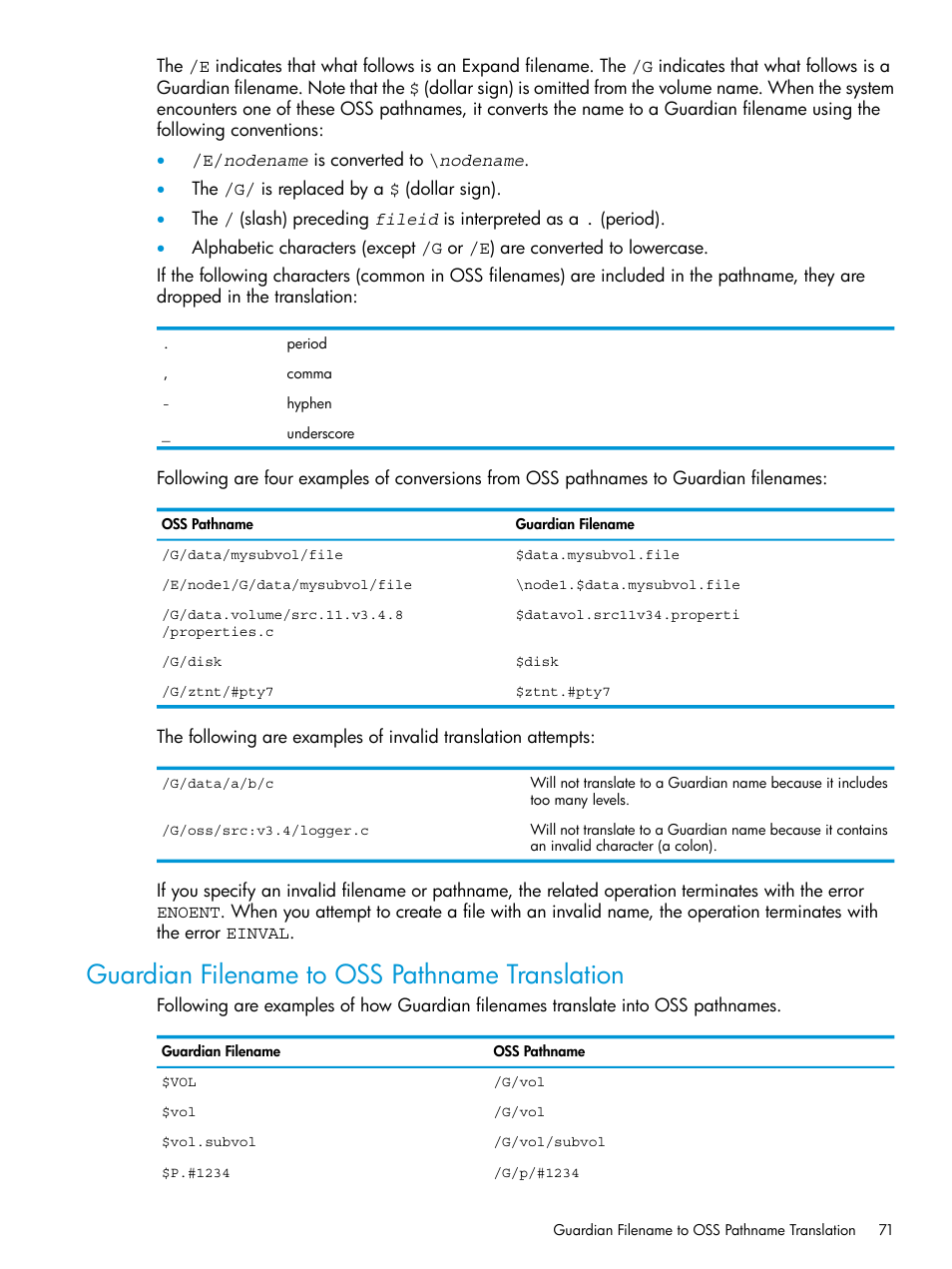 Guardian filename to oss pathname translation | HP NonStop G-Series User Manual | Page 71 / 213