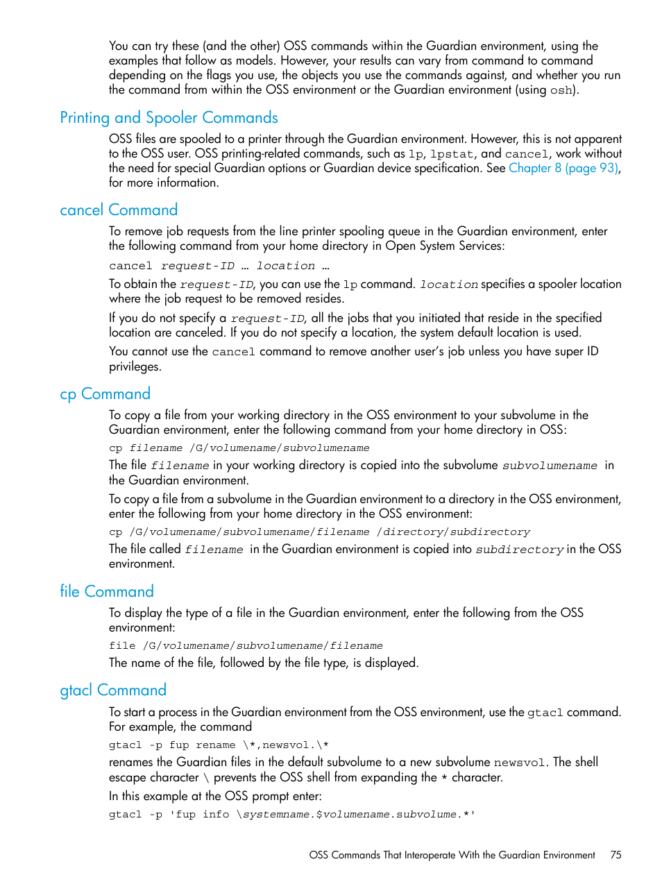 Printing and spooler commands, Cancel command, Cp command | File command, Gtacl command | HP NonStop G-Series User Manual | Page 75 / 213