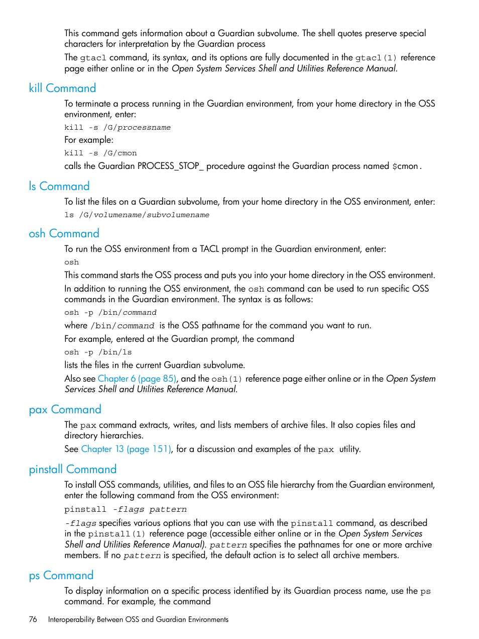 Kill command, Ls command, Osh command | Pax command, Pinstall command, Ps command | HP NonStop G-Series User Manual | Page 76 / 213