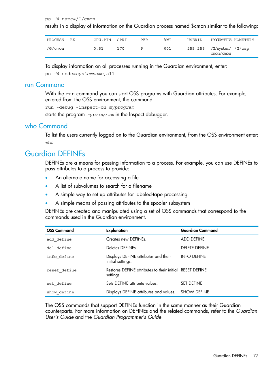 Run command, Who command, Guardian defines | Run command who command | HP NonStop G-Series User Manual | Page 77 / 213