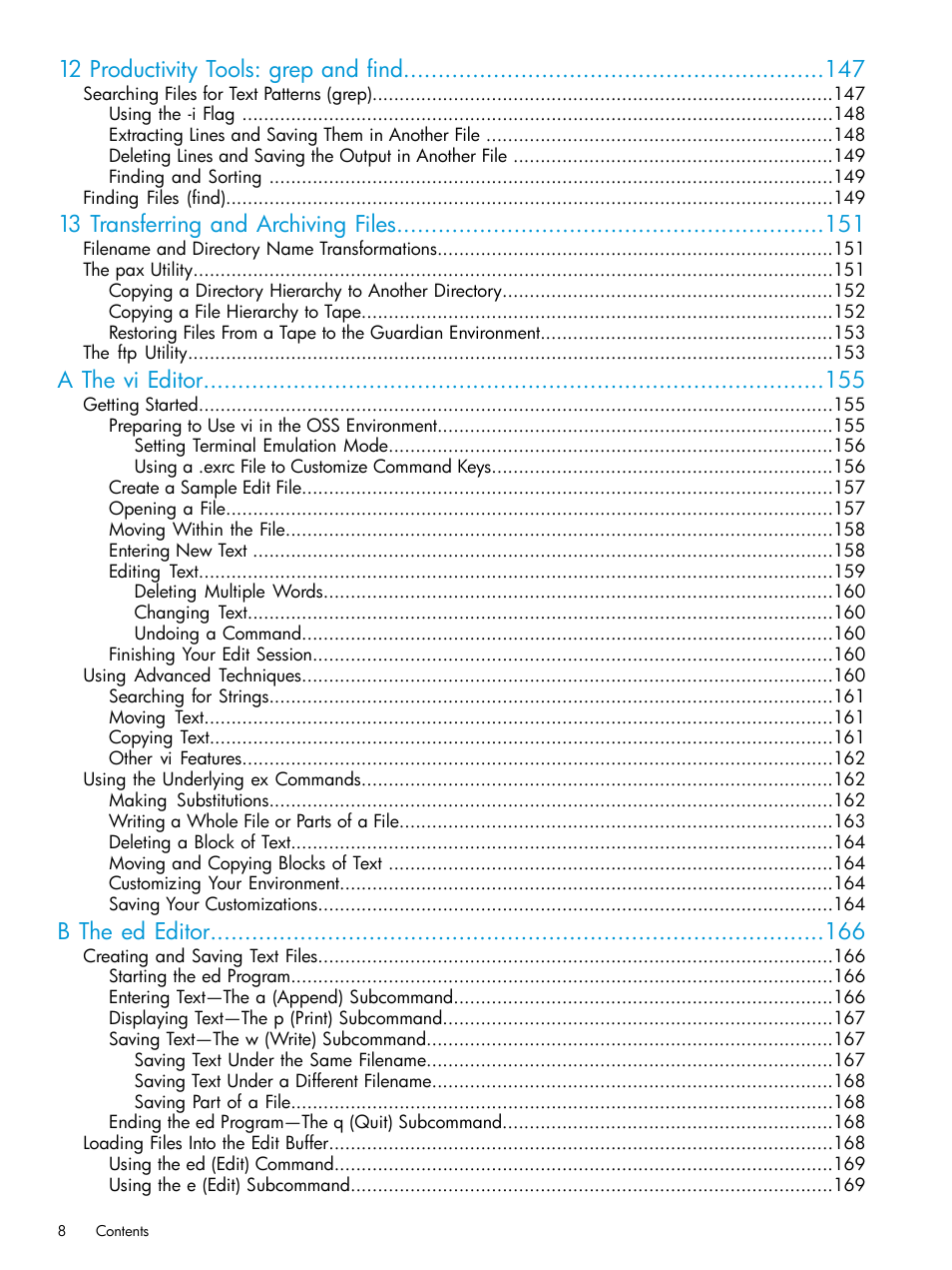 12 productivity tools: grep and find, 13 transferring and archiving files, A the vi editor | B the ed editor | HP NonStop G-Series User Manual | Page 8 / 213