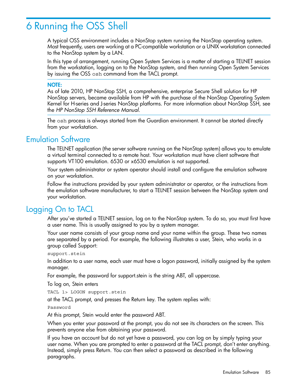 6 running the oss shell, Emulation software, Logging on to tacl | Emulation software logging on to tacl, Chapter 6: running the oss shell | HP NonStop G-Series User Manual | Page 85 / 213