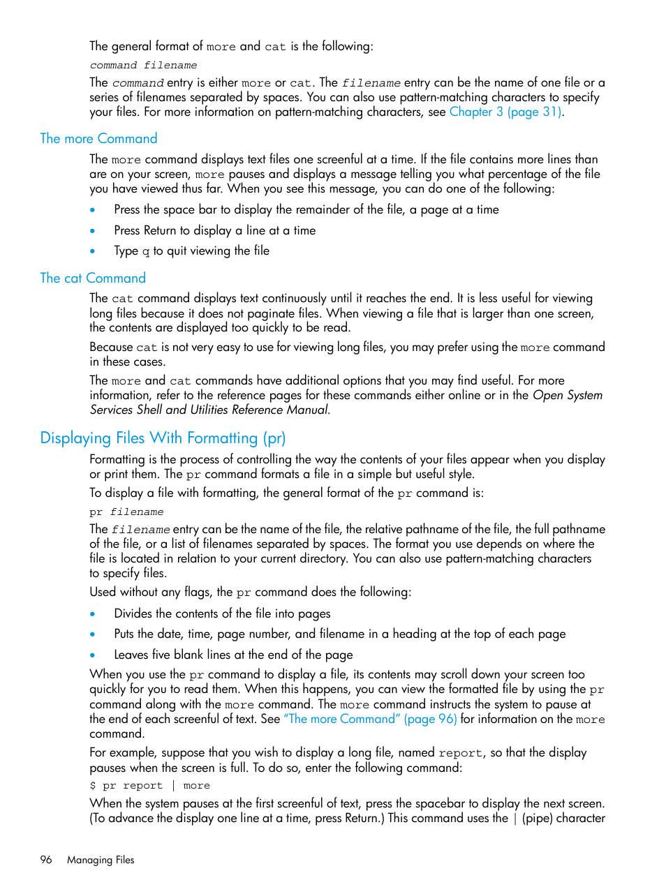 The more command, The cat command, Displaying files with formatting (pr) | The more command the cat command | HP NonStop G-Series User Manual | Page 96 / 213