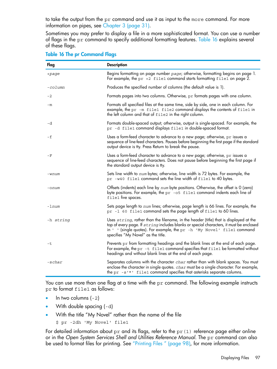 The pr command flags | HP NonStop G-Series User Manual | Page 97 / 213