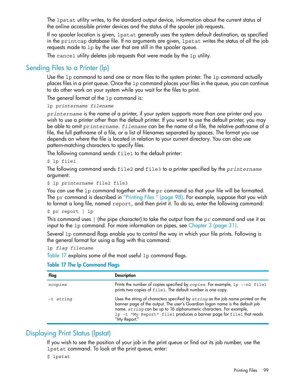Sending files to a printer (lp), Displaying print status (lpstat), The lp command flags | HP NonStop G-Series User Manual | Page 99 / 213
