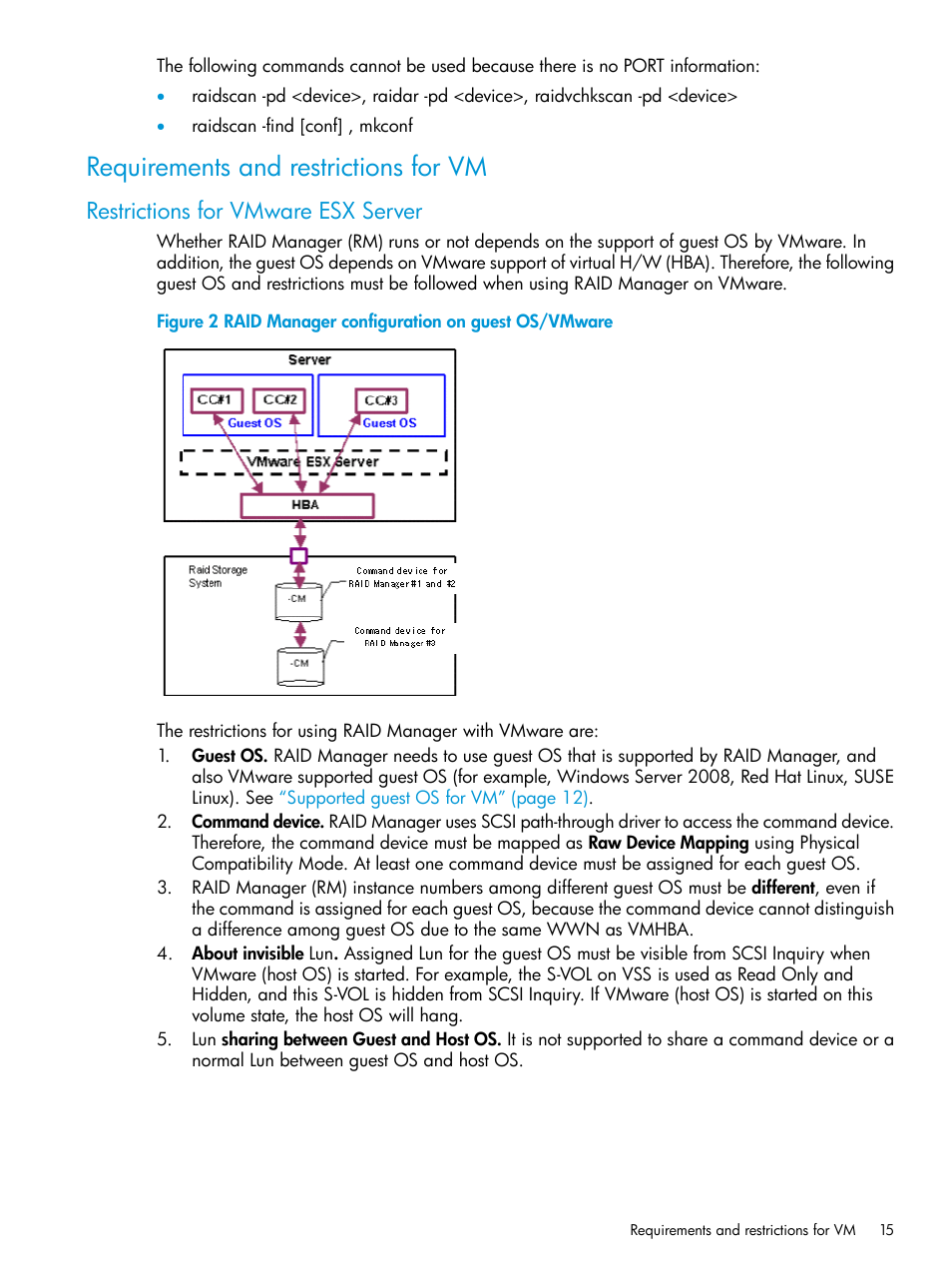 Requirements and restrictions for vm, Restrictions for vmware esx server | HP XP RAID Manager Software User Manual | Page 15 / 95