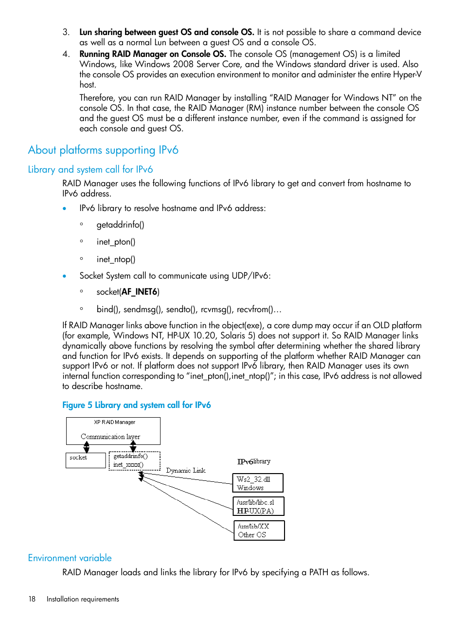 About platforms supporting ipv6, Library and system call for ipv6, Environment variable | HP XP RAID Manager Software User Manual | Page 18 / 95