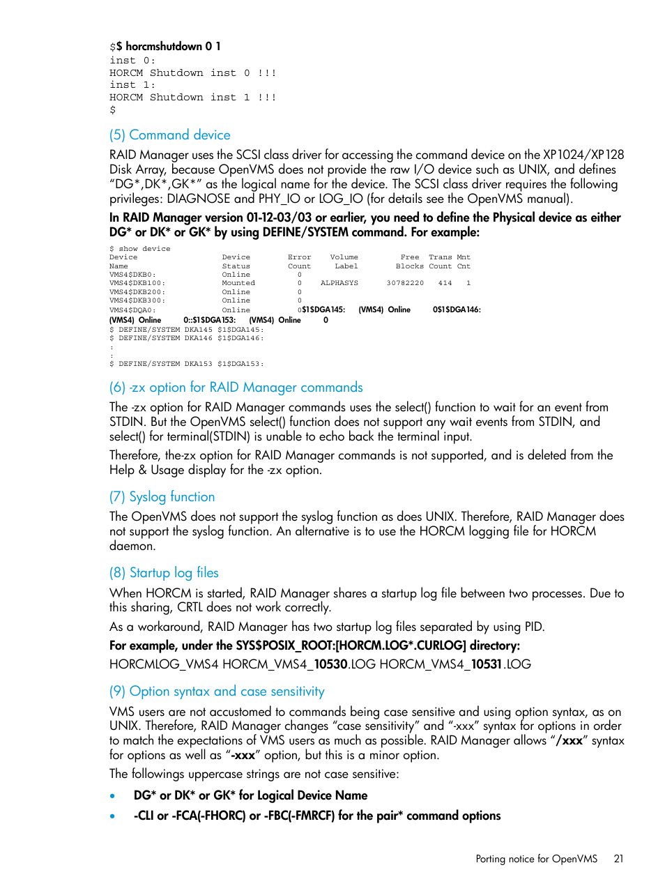 5) command device, 6) -zx option for raid manager commands, 7) syslog function | 8) startup log files, 9) option syntax and case sensitivity | HP XP RAID Manager Software User Manual | Page 21 / 95