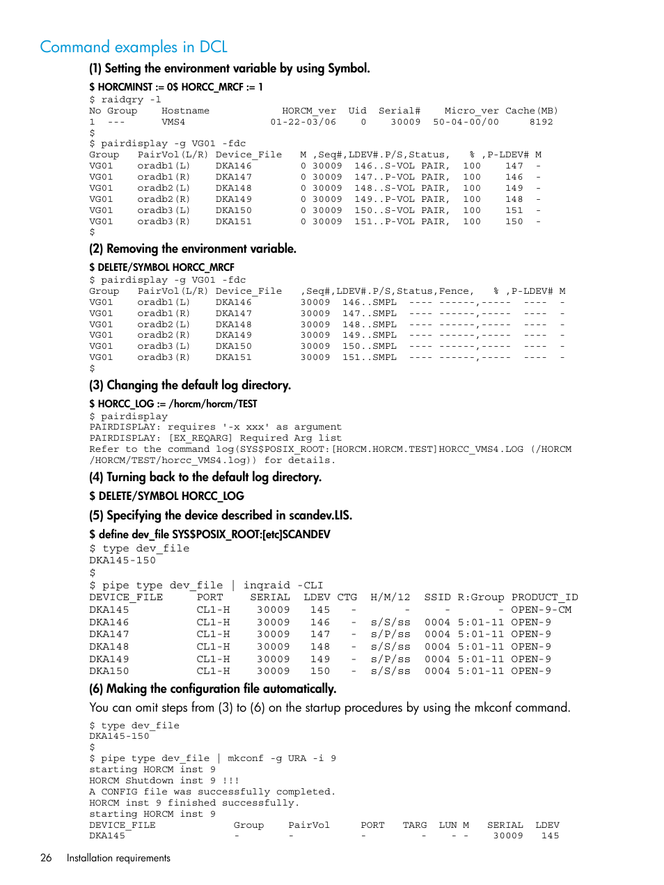 Command examples in dcl | HP XP RAID Manager Software User Manual | Page 26 / 95