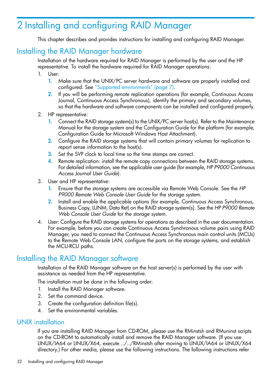 2 installing and configuring raid manager, Installing the raid manager hardware, Installing the raid manager software | Unix installation | HP XP RAID Manager Software User Manual | Page 32 / 95