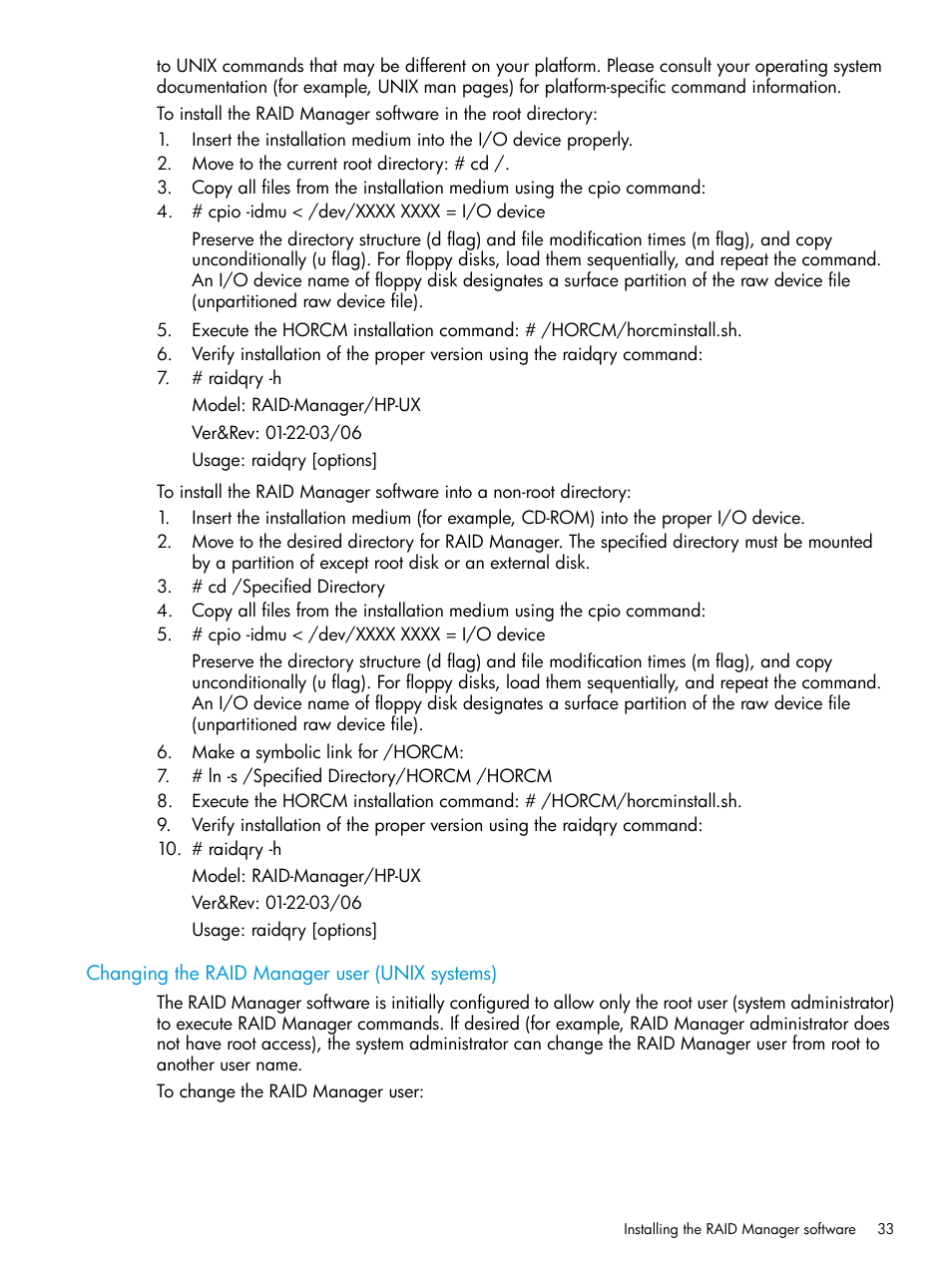 Changing the raid manager user (unix systems) | HP XP RAID Manager Software User Manual | Page 33 / 95