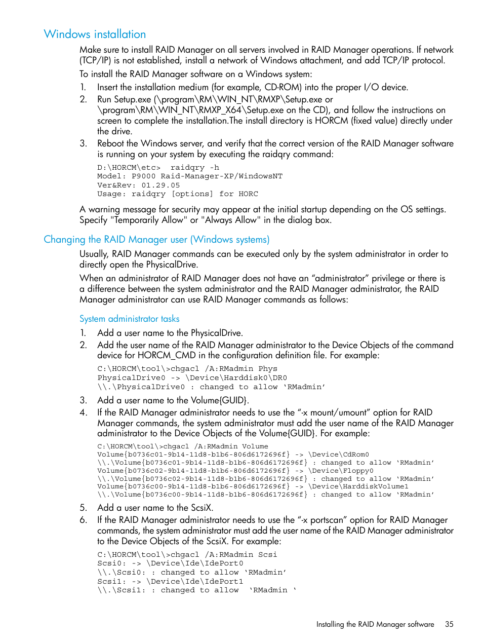 Windows installation, Changing the raid manager user (windows systems) | HP XP RAID Manager Software User Manual | Page 35 / 95