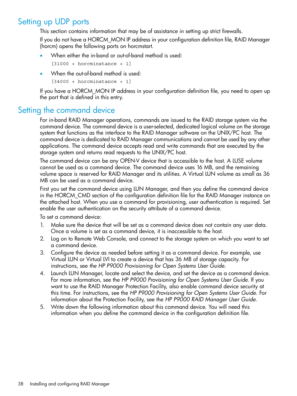 Setting up udp ports, Setting the command device, Setting up udp ports setting the command device | HP XP RAID Manager Software User Manual | Page 38 / 95