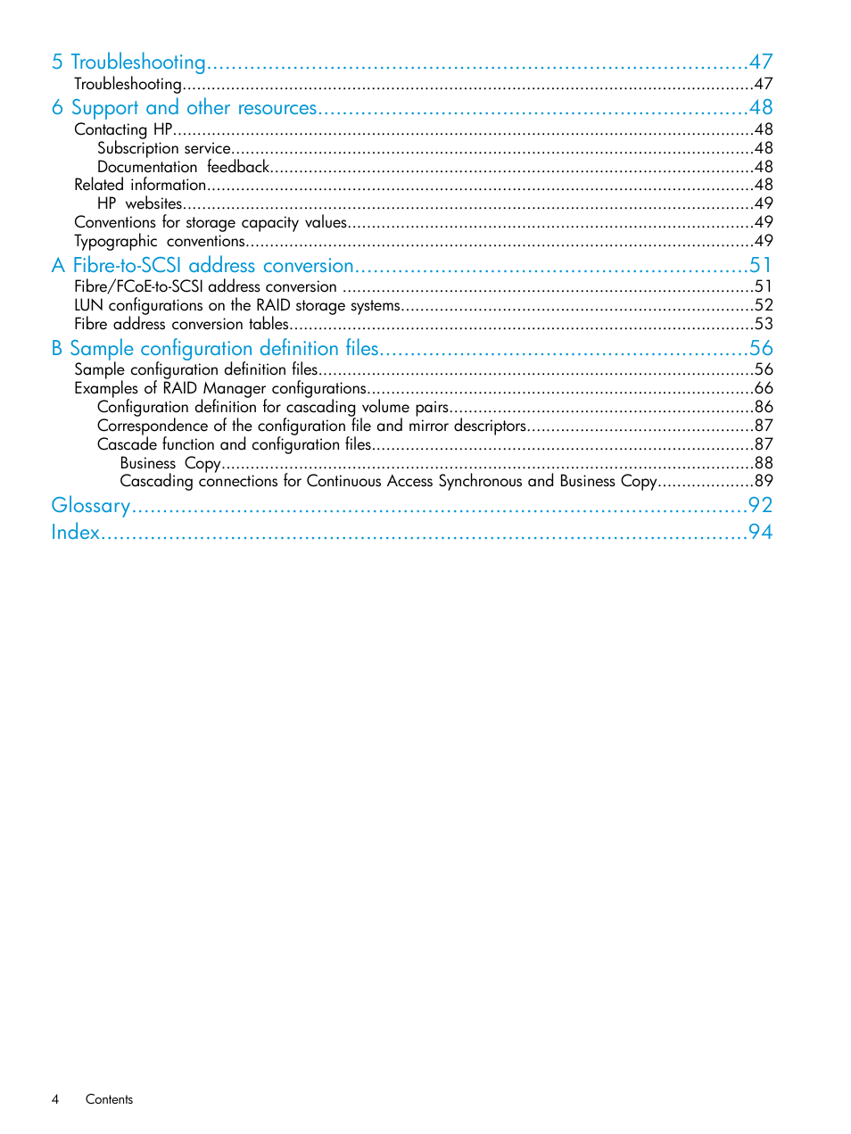 5 troubleshooting, 6 support and other resources, A fibre-to-scsi address conversion | B sample configuration definition files, Glossary index | HP XP RAID Manager Software User Manual | Page 4 / 95