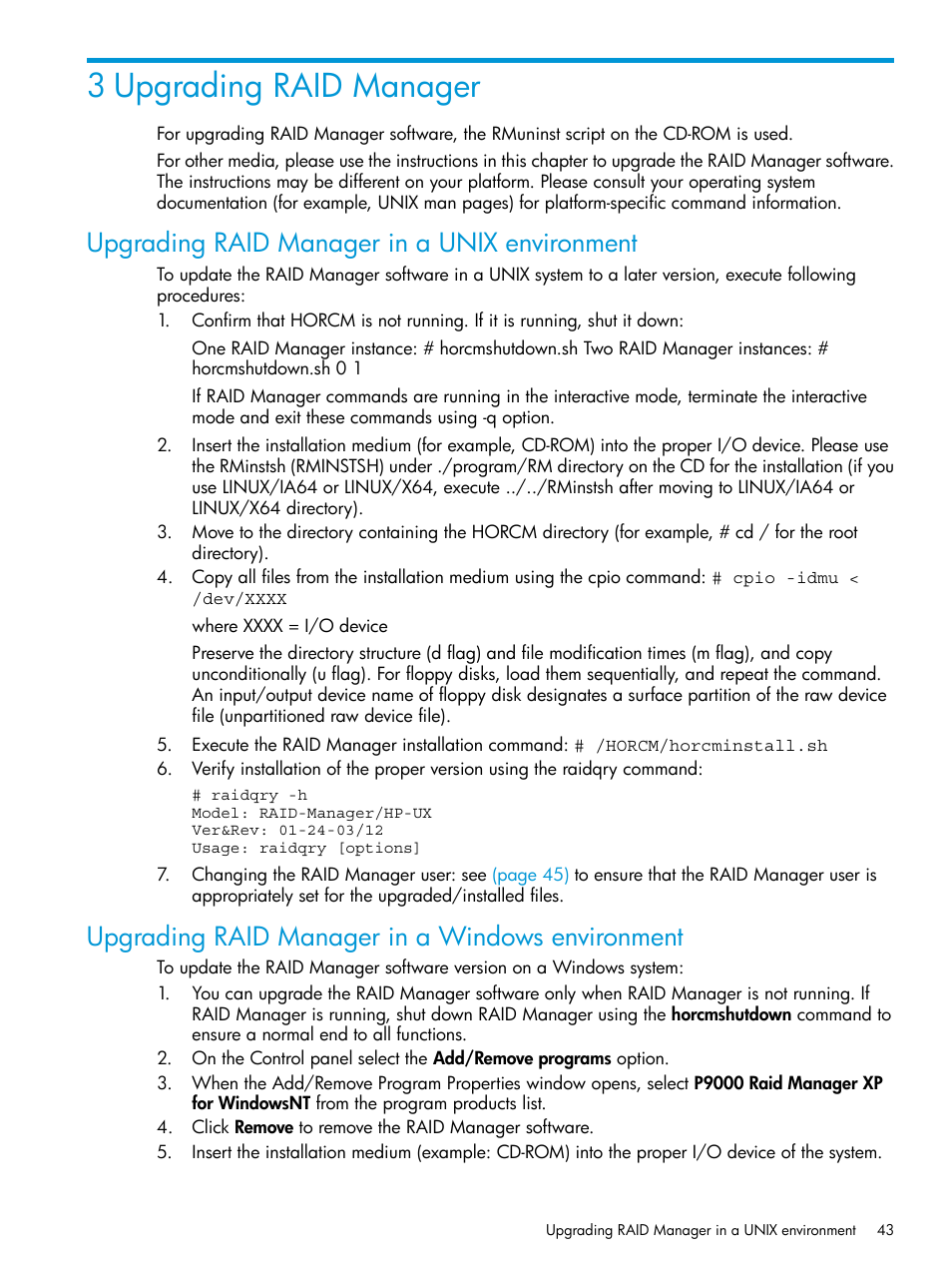 3 upgrading raid manager, Upgrading raid manager in a unix environment, Upgrading raid manager in a windows environment | HP XP RAID Manager Software User Manual | Page 43 / 95