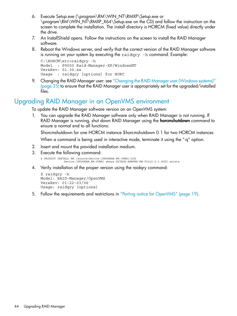 Upgrading raid manager in an openvms environment | HP XP RAID Manager Software User Manual | Page 44 / 95