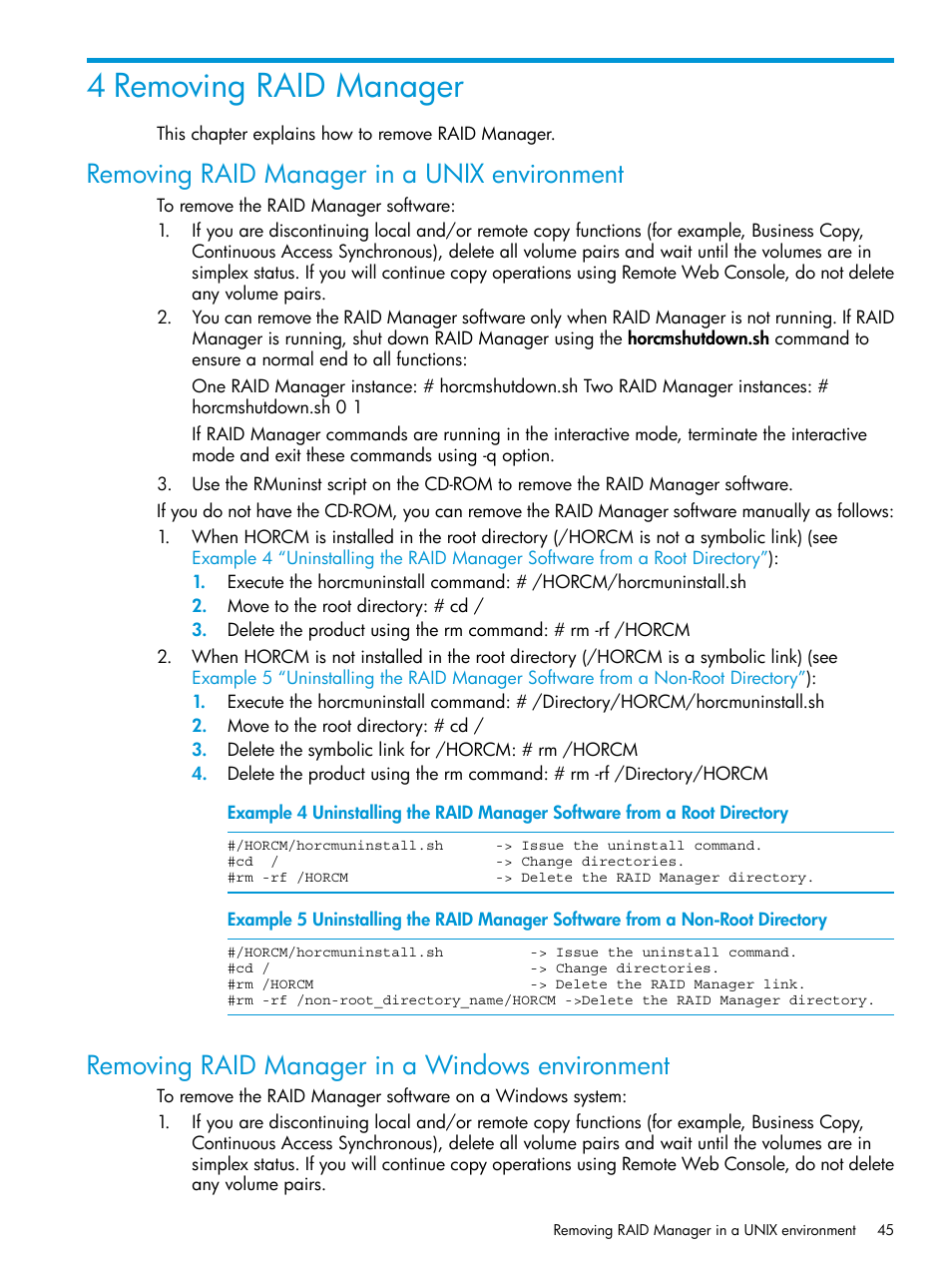 4 removing raid manager, Removing raid manager in a unix environment, Removing raid manager in a windows environment | HP XP RAID Manager Software User Manual | Page 45 / 95