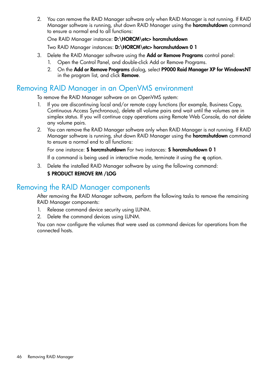 Removing raid manager in an openvms environment, Removing the raid manager components | HP XP RAID Manager Software User Manual | Page 46 / 95