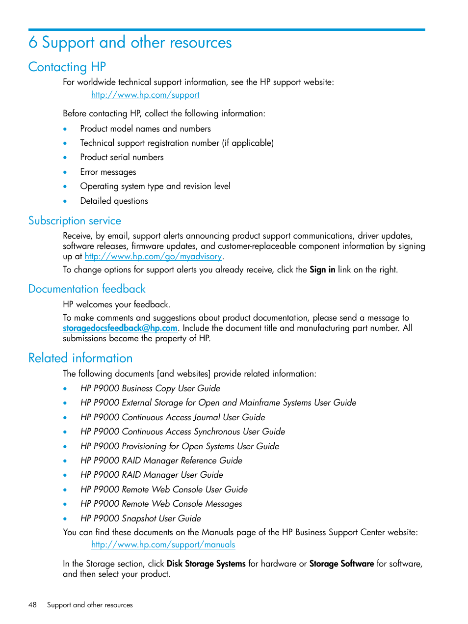 6 support and other resources, Contacting hp, Subscription service | Documentation feedback, Related information, Subscription service documentation feedback | HP XP RAID Manager Software User Manual | Page 48 / 95