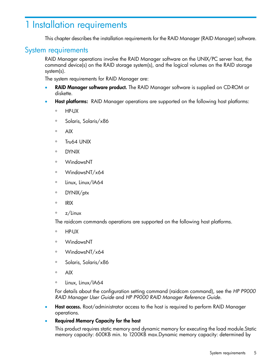 1 installation requirements, System requirements | HP XP RAID Manager Software User Manual | Page 5 / 95