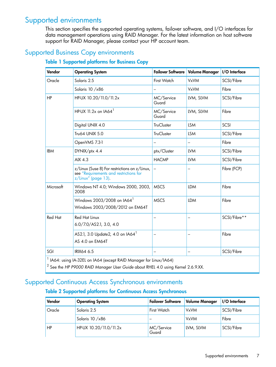 Supported environments, Supported business copy environments | HP XP RAID Manager Software User Manual | Page 7 / 95