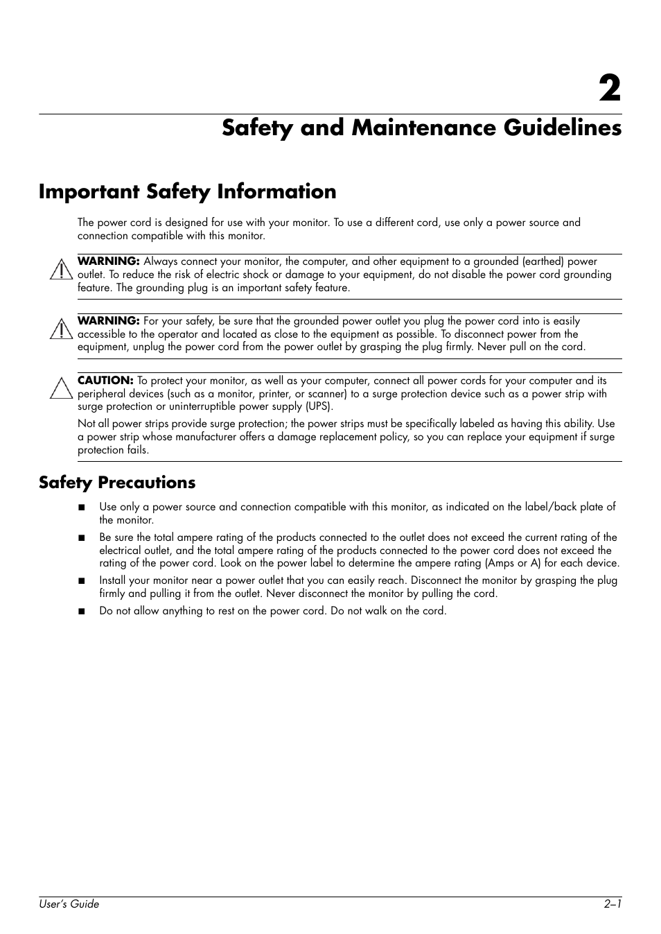 Safety and maintenance guidelines, Important safety information, Safety precautions | 2 safety and maintenance guidelines, Important safety information –1, Safety precautions –1 | HP w2228k 22-inch LCD Monitor User Manual | Page 11 / 62