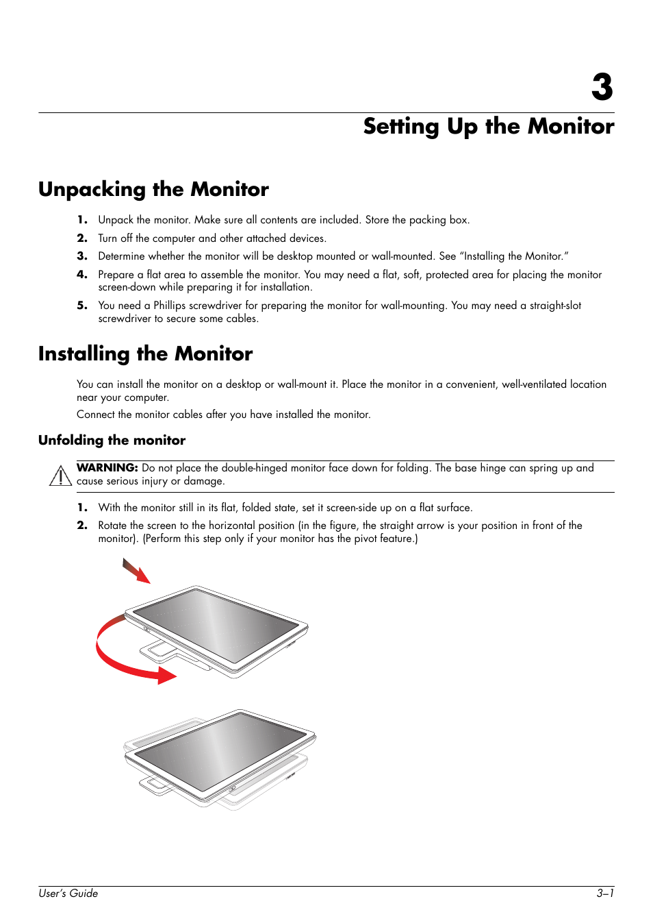 Setting up the monitor, Unpacking the monitor, Installing the monitor | Unfolding the monitor, 3 setting up the monitor, Unpacking the monitor –1 installing the monitor –1, Unfolding the monitor –1 | HP w2228k 22-inch LCD Monitor User Manual | Page 13 / 62