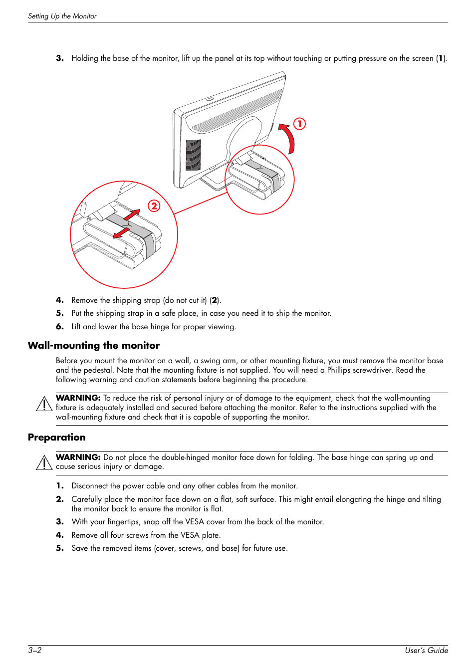 Wall-mounting the monitor, Preparation, Wall-mounting the monitor –2 preparation –2 | HP w2228k 22-inch LCD Monitor User Manual | Page 14 / 62