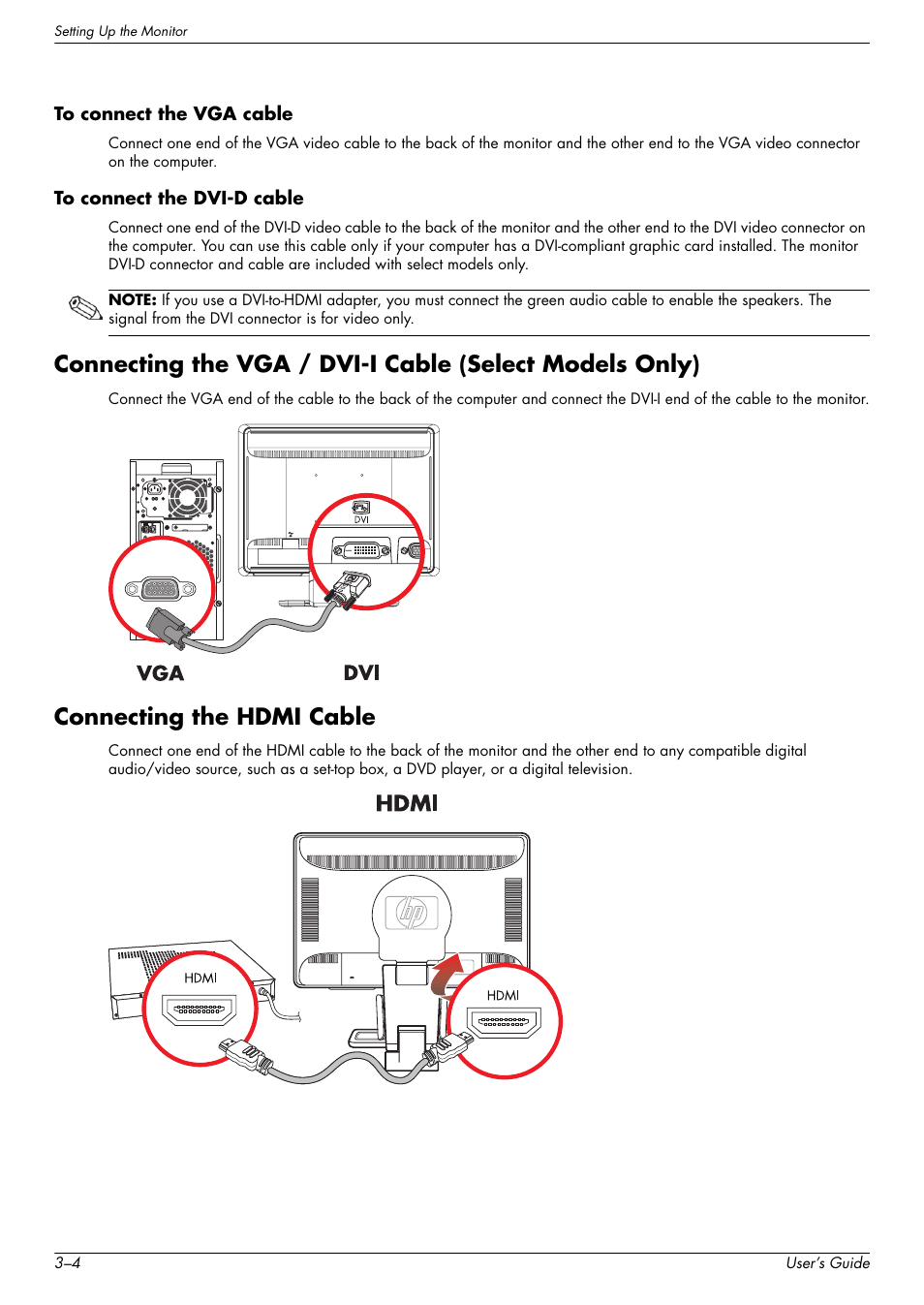 To connect the vga cable, To connect the dvi-d cable, Connecting the hdmi cable | HP w2228k 22-inch LCD Monitor User Manual | Page 16 / 62