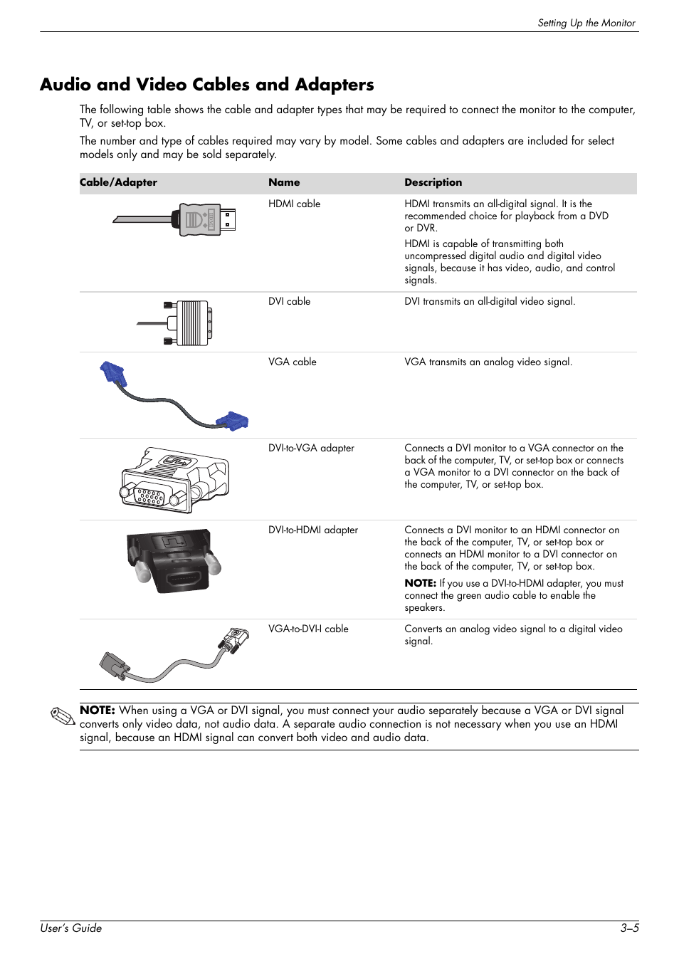 Audio and video cables and adapters, Audio and video cables and adapters –5 | HP w2228k 22-inch LCD Monitor User Manual | Page 17 / 62