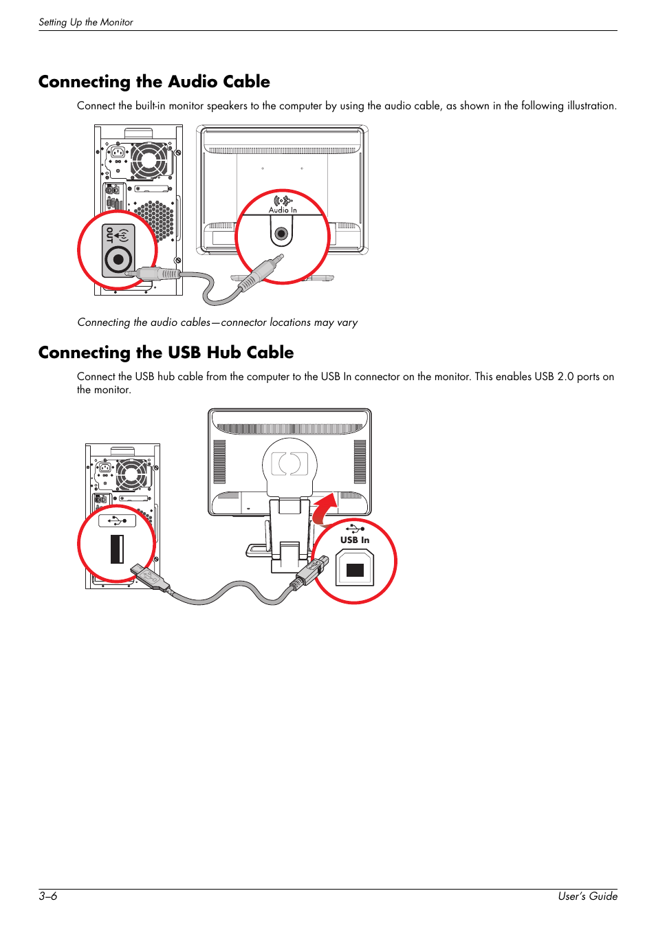 Connecting the audio cable, Connecting the usb hub cable | HP w2228k 22-inch LCD Monitor User Manual | Page 18 / 62