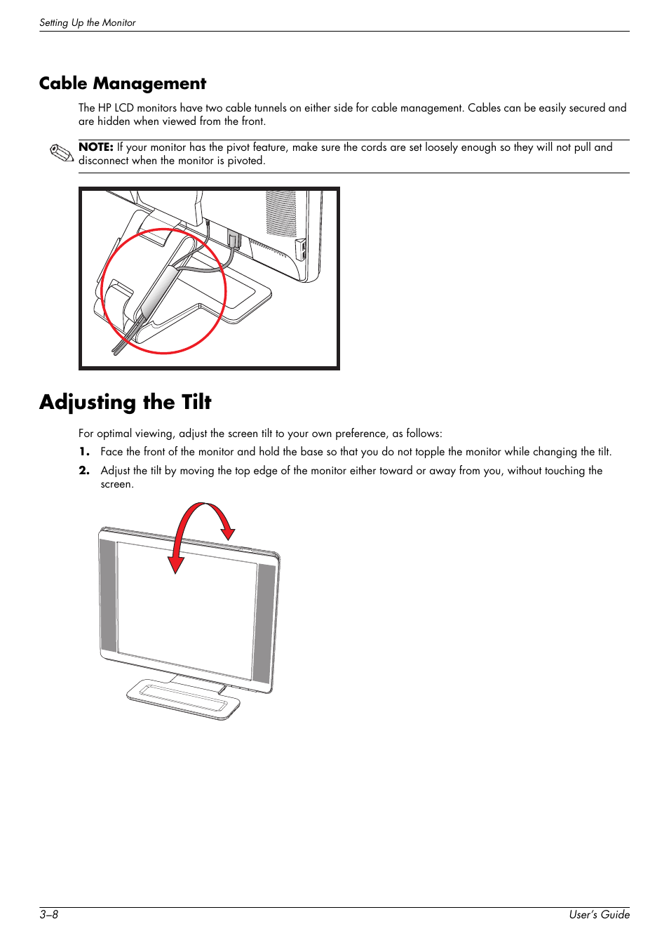 Cable management, Adjusting the tilt, Cable management –8 | Adjusting the tilt –8 | HP w2228k 22-inch LCD Monitor User Manual | Page 20 / 62