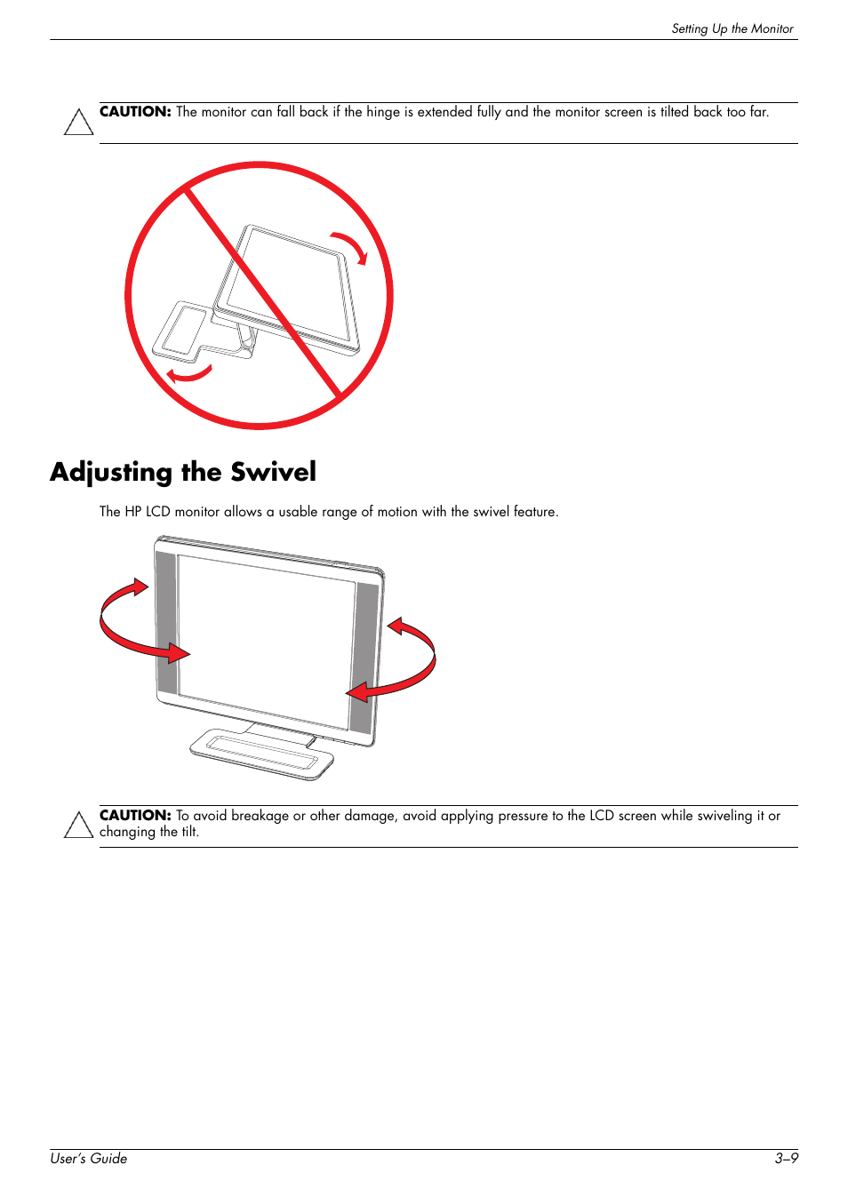 Adjusting the swivel, Adjusting the swivel –9 | HP w2228k 22-inch LCD Monitor User Manual | Page 21 / 62
