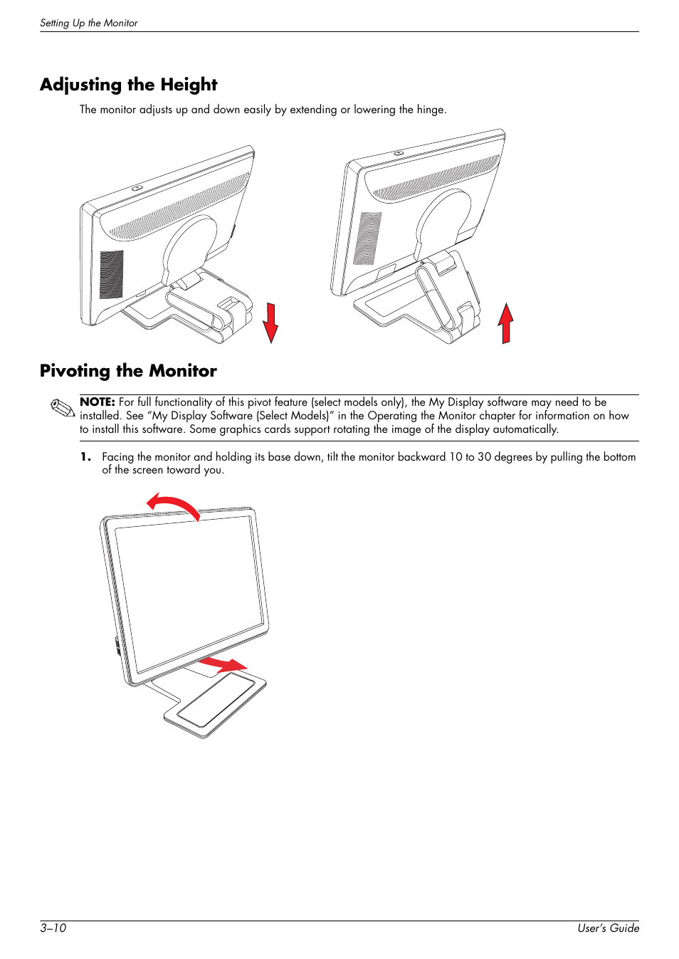 Adjusting the height, Pivoting the monitor, Adjusting the height –10 pivoting the monitor –10 | HP w2228k 22-inch LCD Monitor User Manual | Page 22 / 62
