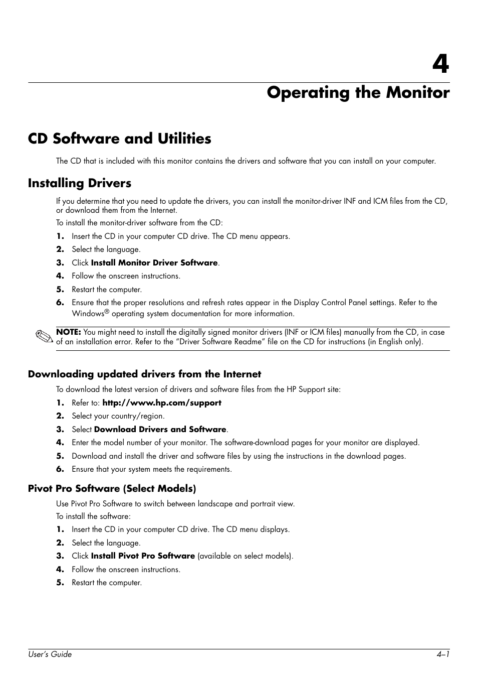 Operating the monitor, Cd software and utilities, Installing drivers | Downloading updated drivers from the internet, Pivot pro software (select models), 4 operating the monitor, Cd software and utilities –1, Installing drivers –1 | HP w2228k 22-inch LCD Monitor User Manual | Page 25 / 62