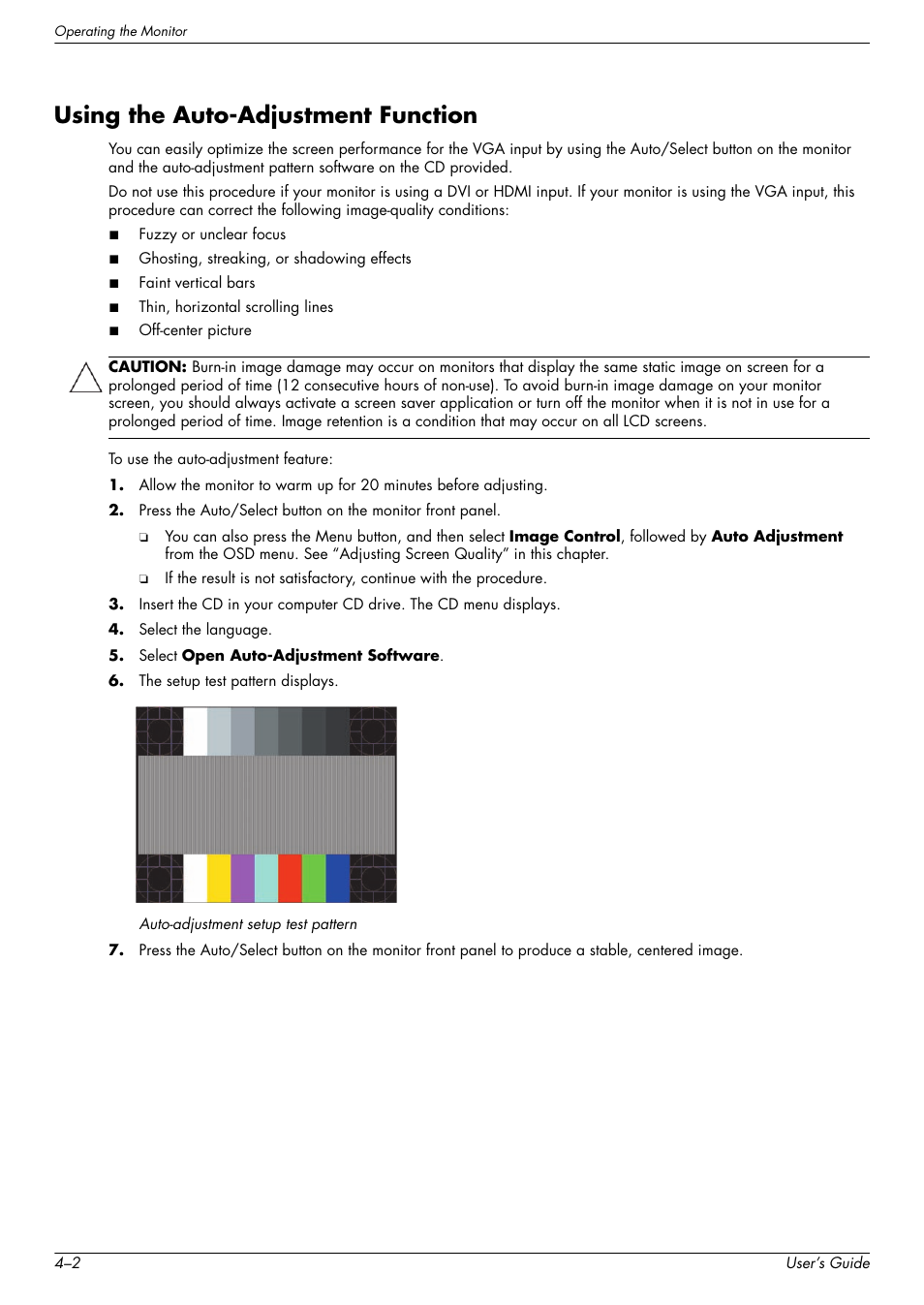 Using the auto-adjustment function, Using the auto-adjustment function –2 | HP w2228k 22-inch LCD Monitor User Manual | Page 26 / 62
