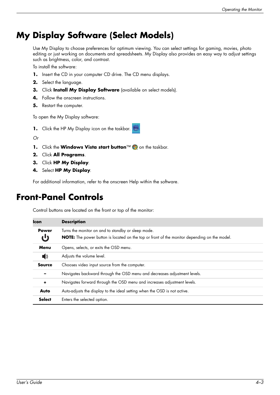 My display software (select models), Front-panel controls | HP w2228k 22-inch LCD Monitor User Manual | Page 27 / 62