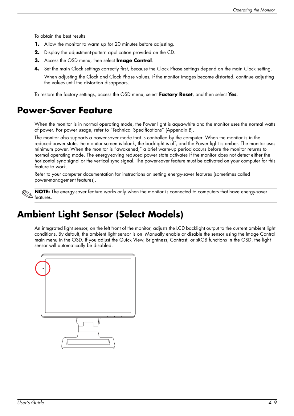 Power-saver feature, Ambient light sensor (select models) | HP w2228k 22-inch LCD Monitor User Manual | Page 33 / 62