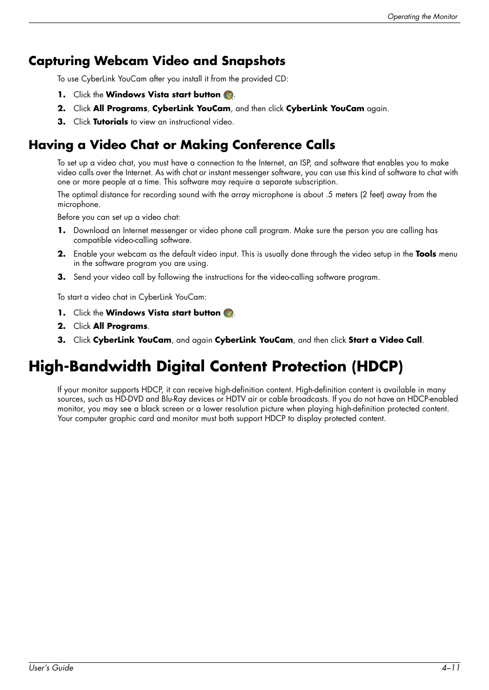 Capturing webcam video and snapshots, Having a video chat or making conference calls, High-bandwidth digital content protection (hdcp) | HP w2228k 22-inch LCD Monitor User Manual | Page 35 / 62