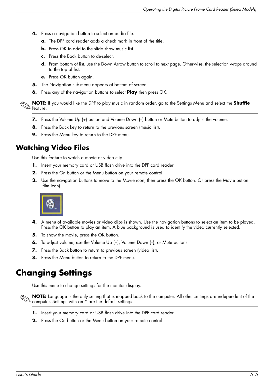 Watching video files, Changing settings, Watching video files –5 | Changing settings –5 | HP w2228k 22-inch LCD Monitor User Manual | Page 41 / 62