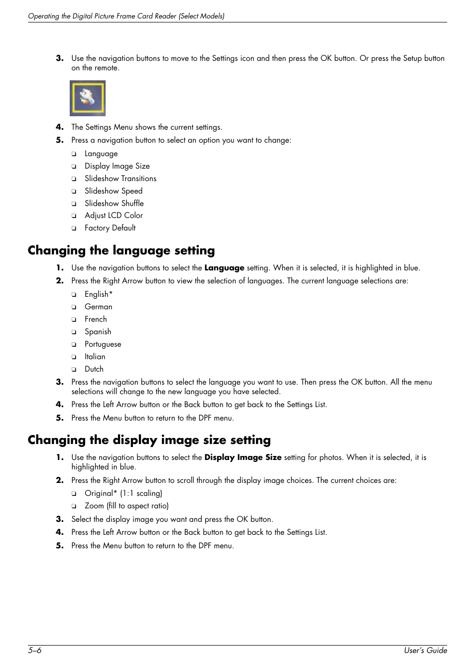 Changing the language setting, Changing the display image size setting | HP w2228k 22-inch LCD Monitor User Manual | Page 42 / 62