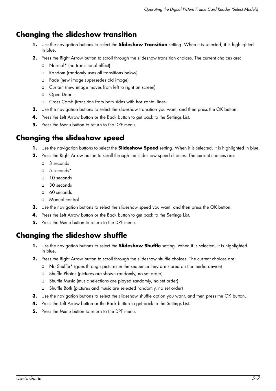 Changing the slideshow transition, Changing the slideshow speed, Changing the slideshow shuffle | HP w2228k 22-inch LCD Monitor User Manual | Page 43 / 62