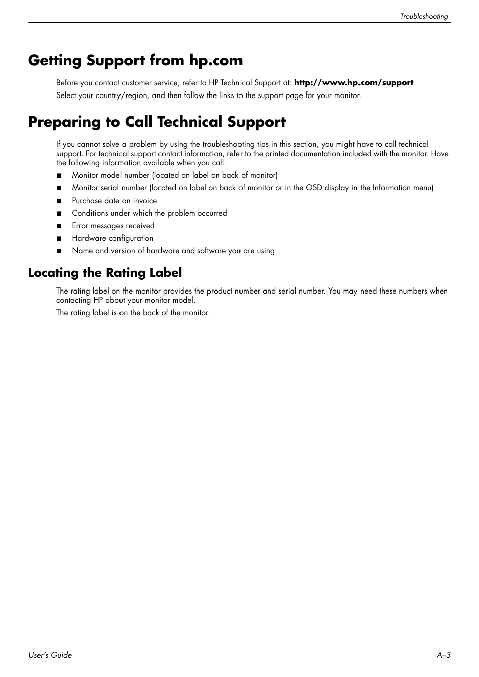 Getting support from hp.com, Preparing to call technical support, Locating the rating label | HP w2228k 22-inch LCD Monitor User Manual | Page 49 / 62