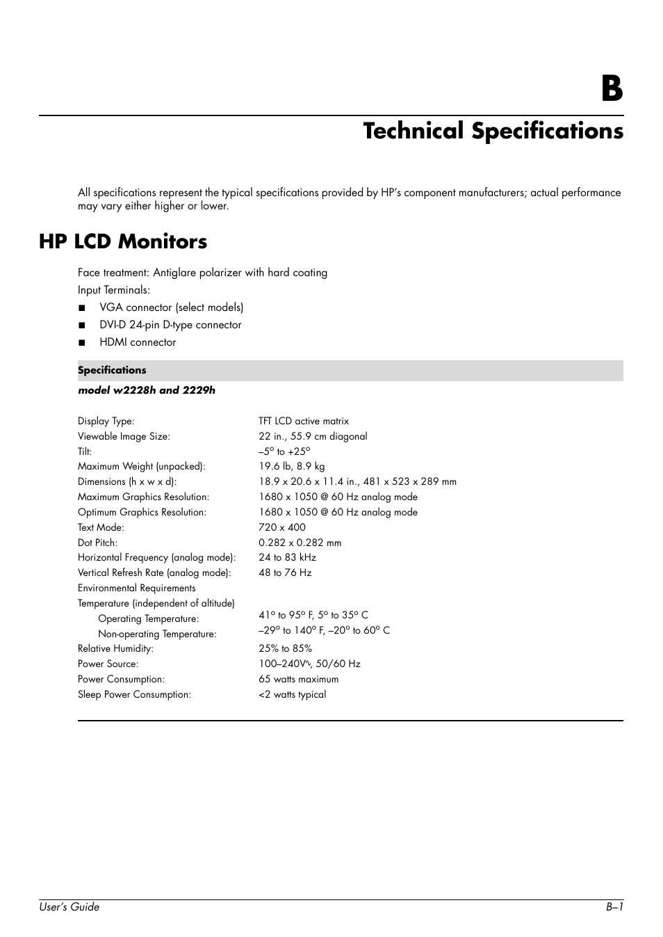 Technical specifications, Hp lcd monitors, B technical specifications | HP w2228k 22-inch LCD Monitor User Manual | Page 51 / 62