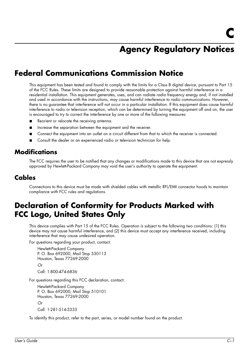 Agency regulatory notices, Federal communications commission notice, Modifications | Cables, C agency regulatory notices | HP w2228k 22-inch LCD Monitor User Manual | Page 57 / 62