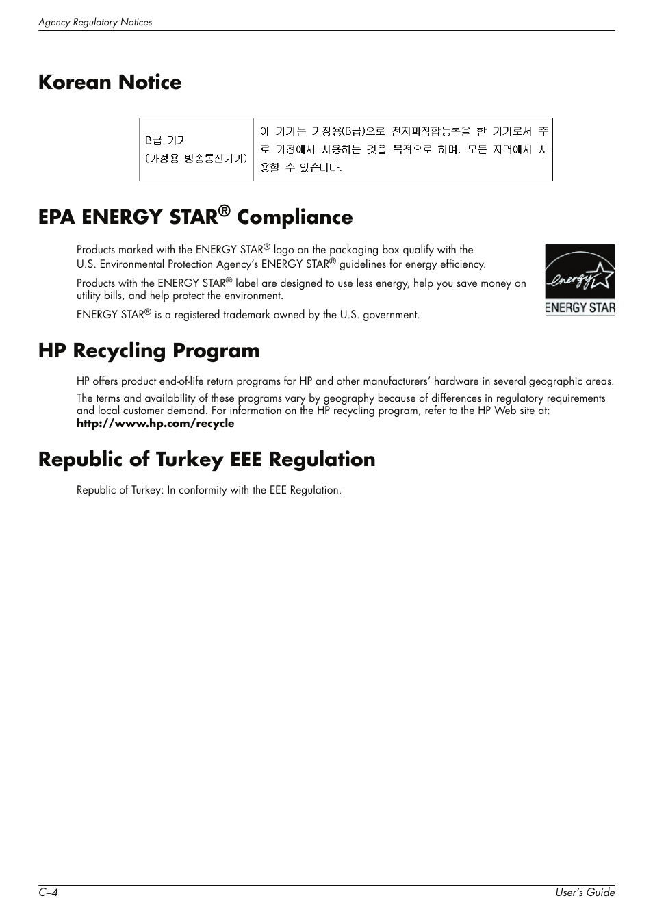 Korean notice, Epa energy star® compliance, Hp recycling program | Republic of turkey eee regulation, Korean notice epa energy star, Compliance | HP w2228k 22-inch LCD Monitor User Manual | Page 60 / 62