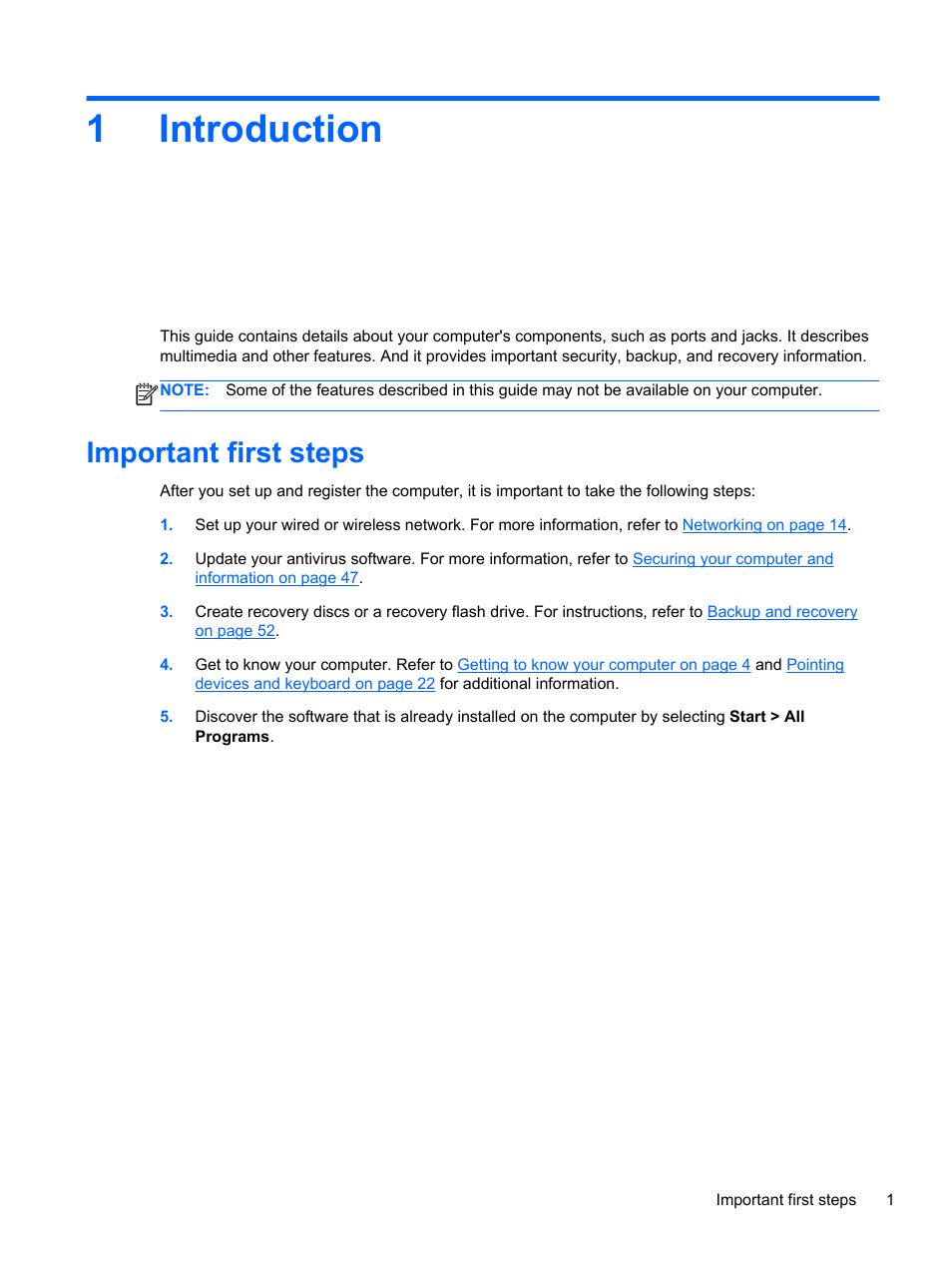 Introduction, Important first steps, 1 introduction | 1introduction | HP Folio 13-1035nr Notebook PC User Manual | Page 11 / 85