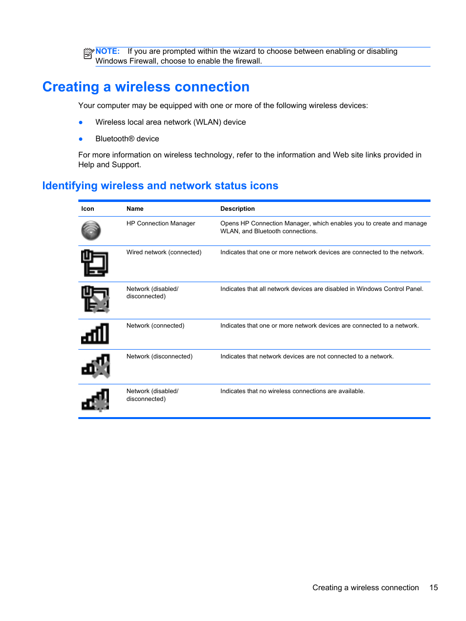 Creating a wireless connection, Identifying wireless and network status icons | HP Folio 13-1035nr Notebook PC User Manual | Page 25 / 85
